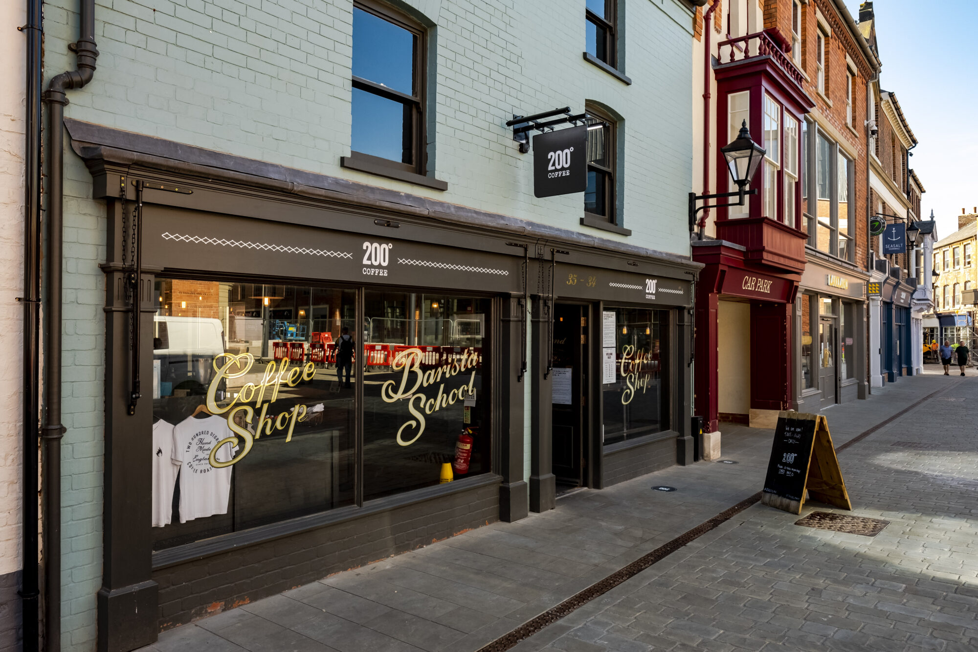 Shot of restored 200 degrees shop front and car park archway - Sincil Street, Lincoln